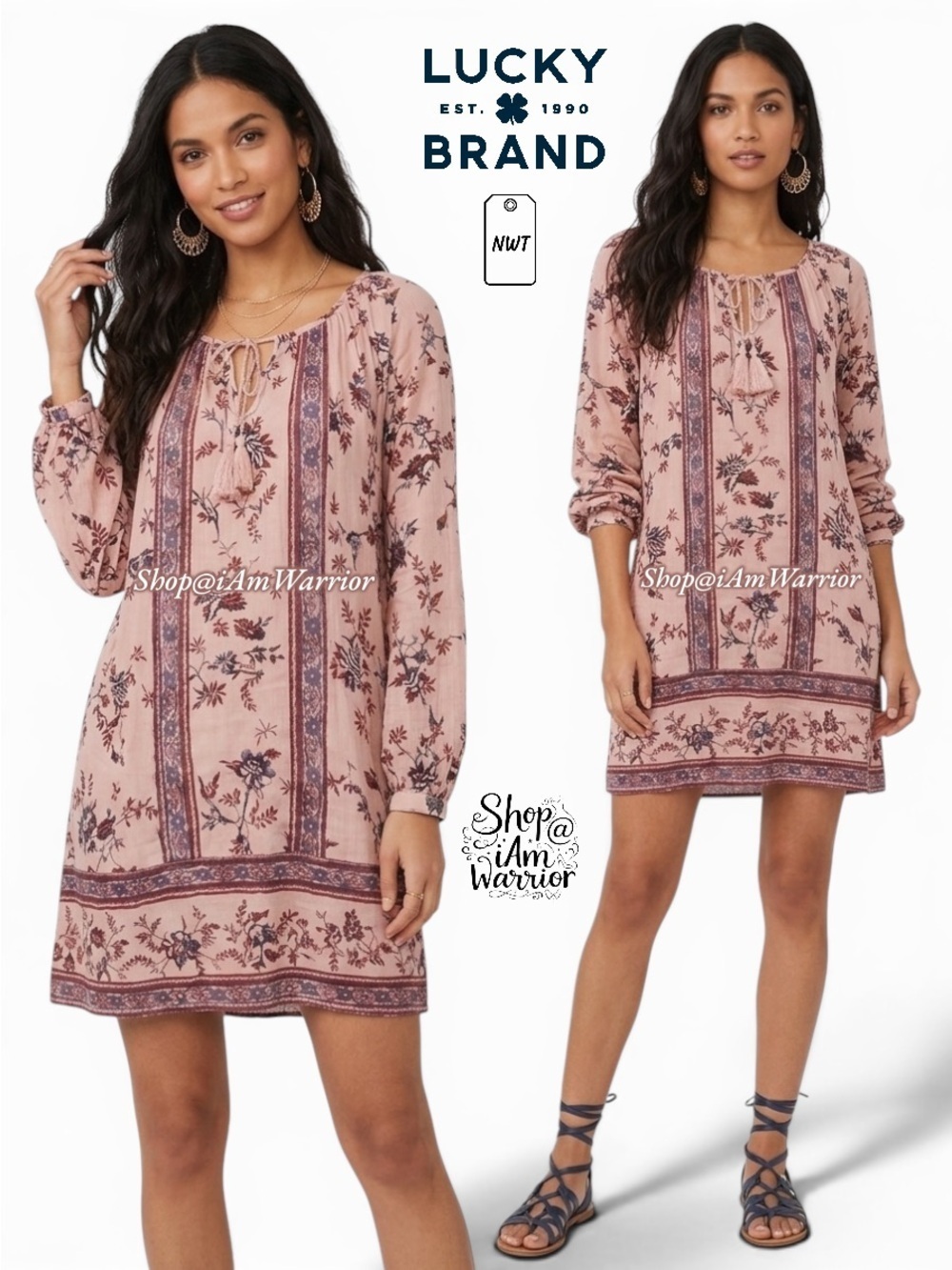 Lucky Brand NWT pink floral peasant crinkle dress *shop@iamwarrior